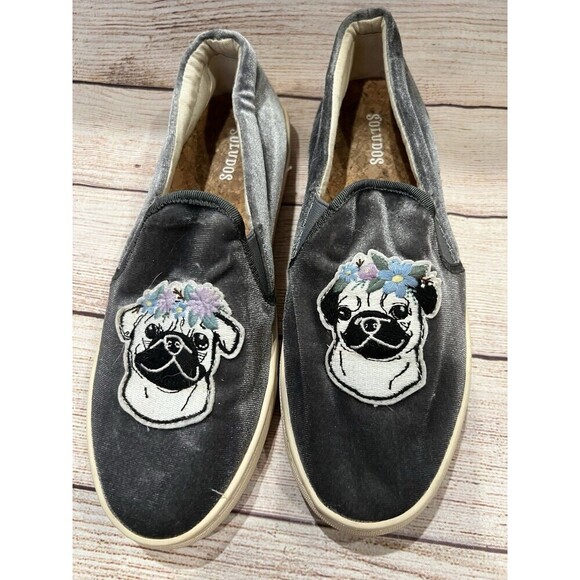 Soludos Women’s Velvet Pug Dog Slip-On Sneakers Flower Grey 7.5 - Picture 1 of 6